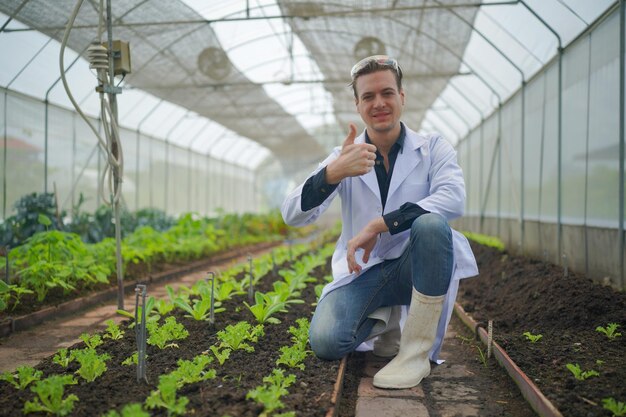 Naukowiec pracujący w hydroponicznej farmie szklarniowej czysta koncepcja żywności i nauki o żywności