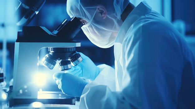 Naukowiec prowadzi badania pod mikroskopem Eksperyment chemiczny Rozwój biotechnologii