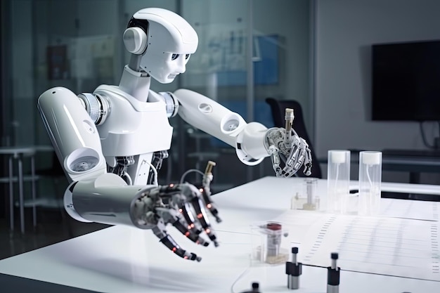 Naukowiec-robot wykonujący eksperymenty naukowe i testy w laboratorium stworzonym za pomocą generatywnej ai
