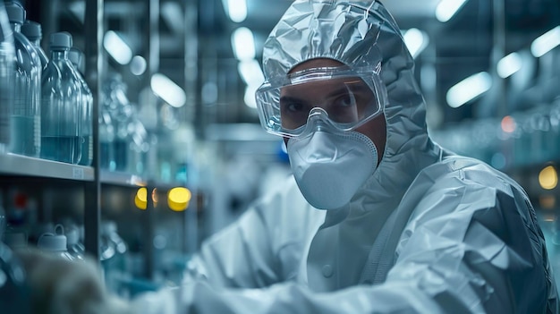 Naukowiec w białym garniturze ochronnym i masce pracujący w laboratorium chemicznym