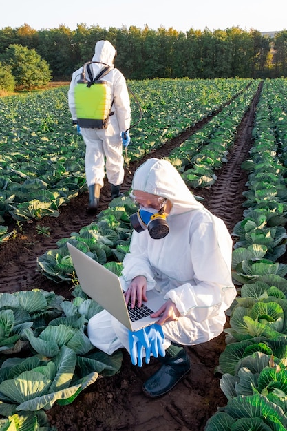 Naukowiec W Białym Kombinezonie Ochronnym I Okularach Używa Laptopa Na Polu Farmy