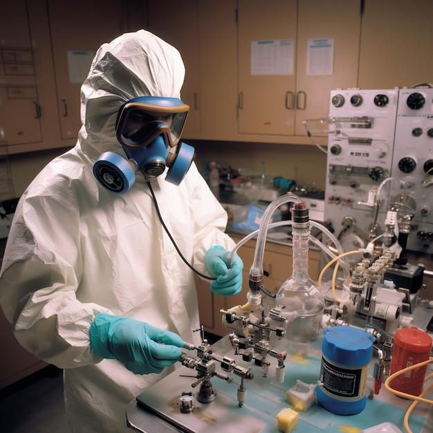 naukowiec w kombinezonie i masce działający z nowoczesnym sprzętem w laboratorium