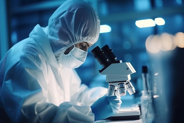 Naukowiec w kombinezonie ochronnym i maskach pracuje w laboratorium badawczym, korzystając ze sprzętu laboratoryjnego, mikroskopów, probówek