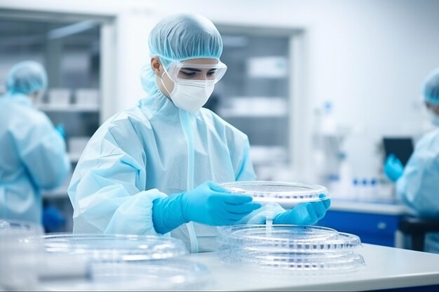 Naukowiec w laboratorium biotechnologicznym z roślinami i naczyniami Petri