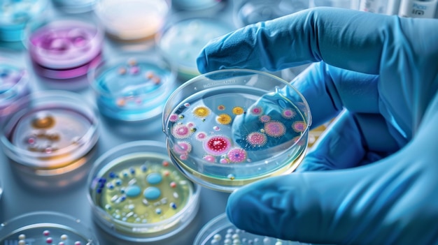 Naukowiec w niebieskich rękawiczkach trzymający miskę Petri z próbkami bakterii lub wirusów