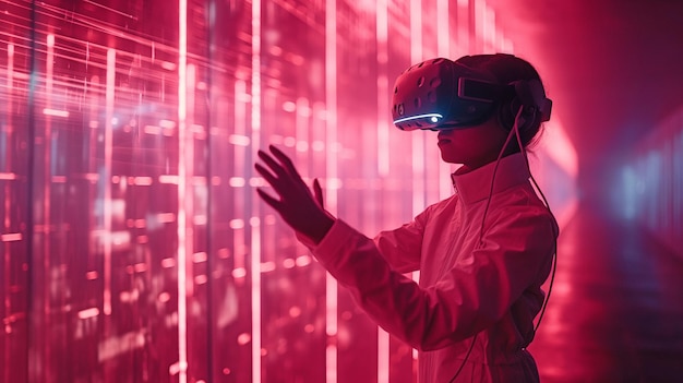 Naukowiec wykorzystujący najnowocześniejsze urządzenia wirtualnej rzeczywistości w futurystycznym środowisku