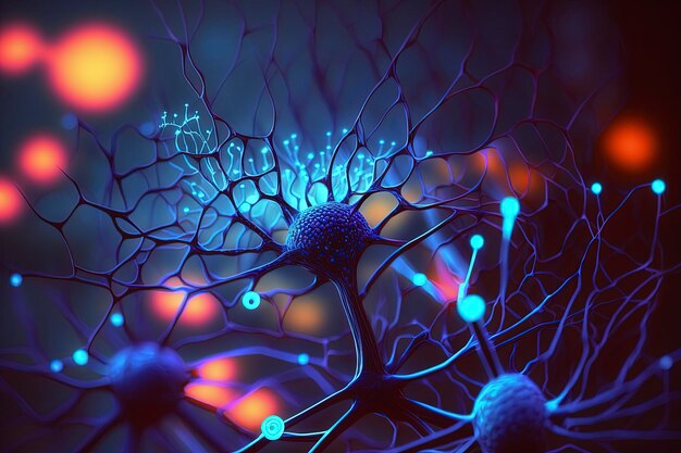 Naukowy i technologiczny abstrakcyjny obraz biologicznej sieci neuronowej Obraz generowany przez technologię AI