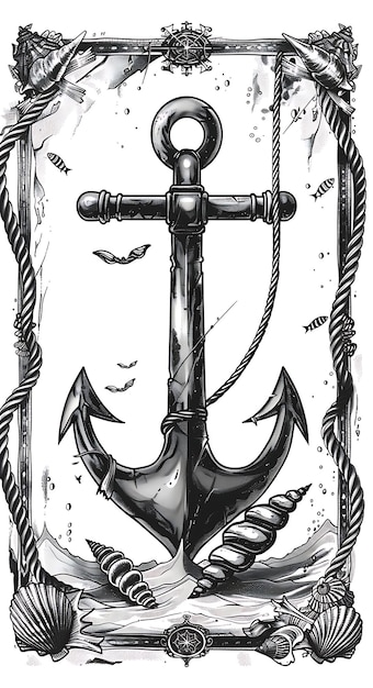 Nautical Postcard Design With an Anchor Frame Style Coupled Outline Scribble CNC Tattoo Ink Art