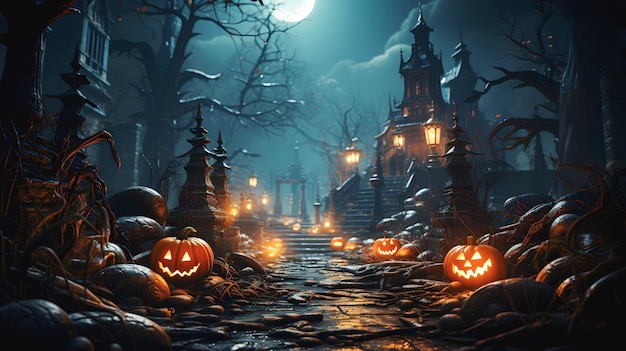 Nawiedzona rezydencja z dekoracją dyni z Halloween w przerażającej atmosferze nocy Halloween ai_generated