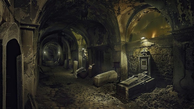 Nawiedzone katakomby wypełnione starożytnymi grobowcami i przerażającymi szeptami Miejsca pogrzebu duchy paranormalne czaszki kości pył wilgoć nie dusza podziemna struktura mistycyzm strach generowany przez AI
