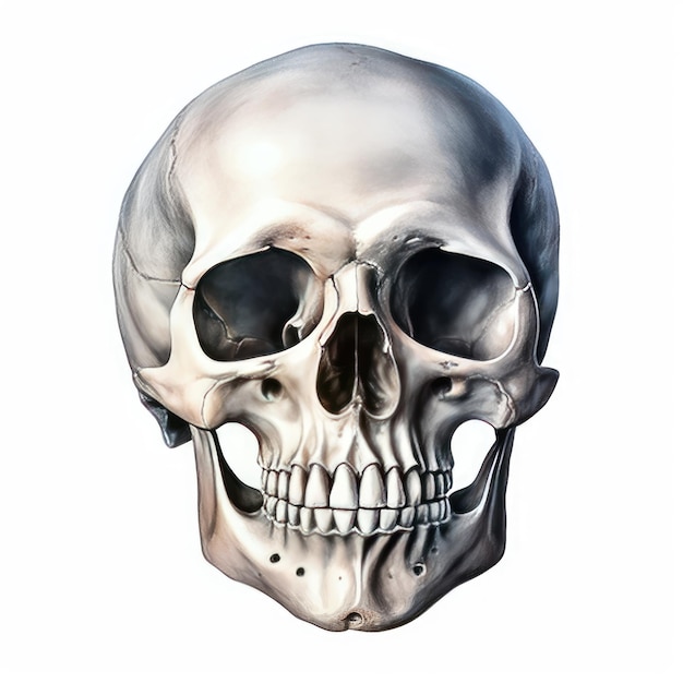Nawiedzone piękno akwareli realistycznej ludzkiej czaszki na białym tle
