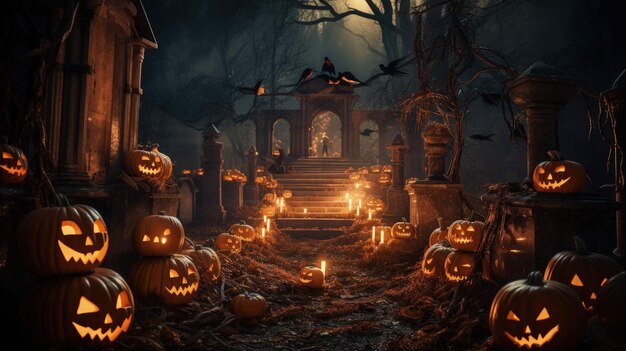 nawiedzony cmentarz Widmowy taniec Halloween z czaszkami dyni i świecami Ai Generated