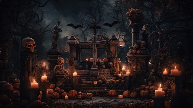 nawiedzony cmentarz Widmowy taniec Halloween z czaszkami dyni i świecami Ai Generated
