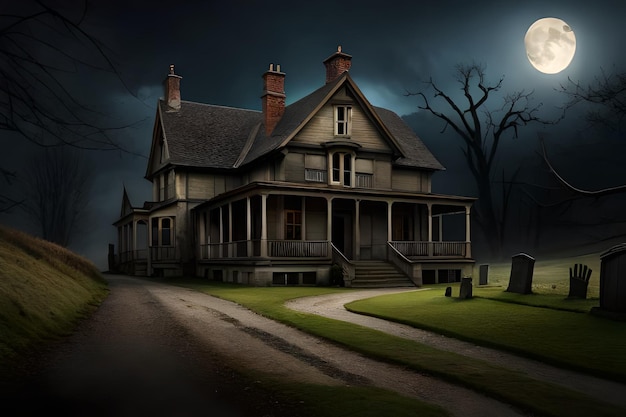 Nawiedzony dom w ciemności z księżycem w tle.
