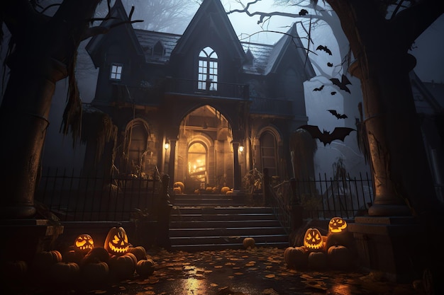 Nawiedzony dom w ciemnym lesie, nawiedzone, złe, świecące oczy Jack O Lanterns w straszną noc Halloween