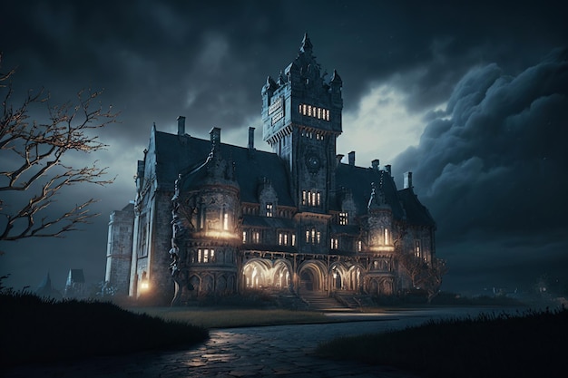 Nawiedzony gotycki zamek w nocy stara cytadela na tle dramatycznego nieba generatywnego AI