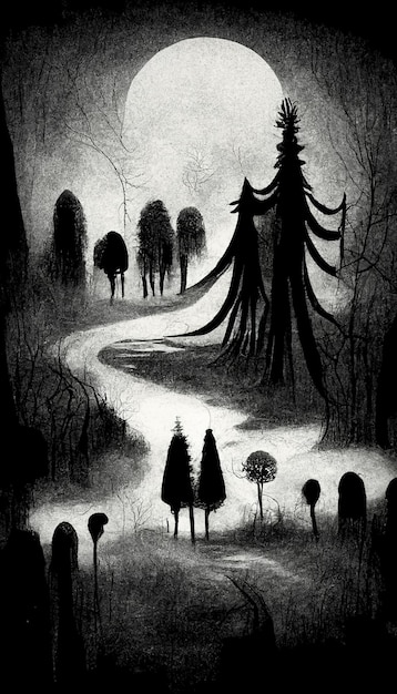 Nawiedzony las przerażający krajobraz ilustracja Fantasy Halloween tło lasu Sztuka cyfrowa