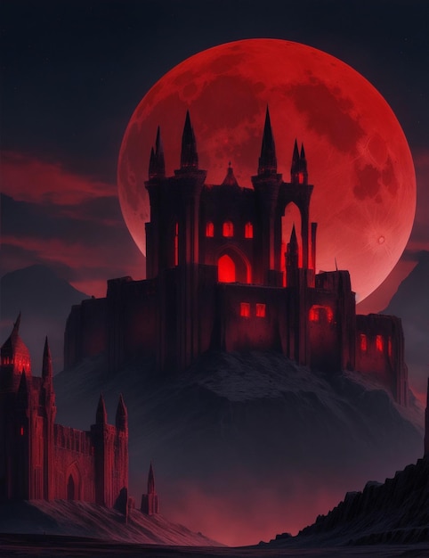 Nawiedzony zamek na gigantycznym czerwonym świetle księżyca tło Halloween motyw zamek generatywny ai