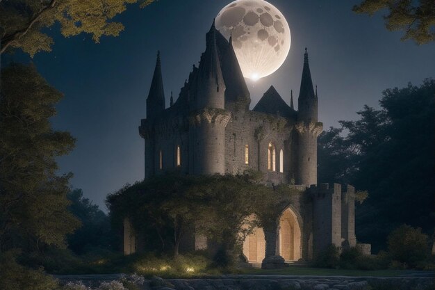 Nawiedzony zamek na olbrzymim księżycu północne tło generatywne ai