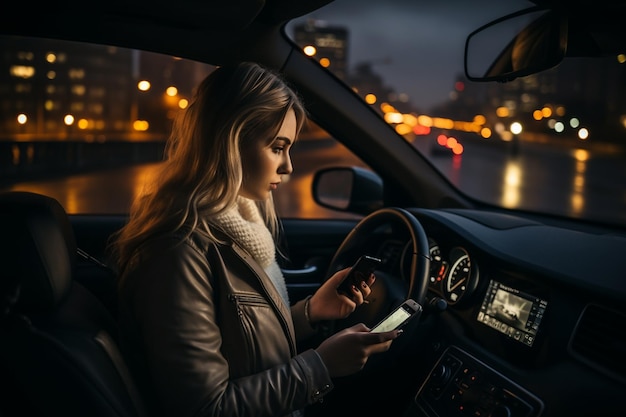 nawigacja GPS na ekranie smartfona w samochodzie w nocy