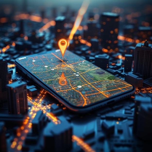 Zdjęcie nawigacja miasta smartfon pokazujący trasę na tle miejskim dla mediów społecznościowych rozmiar postu