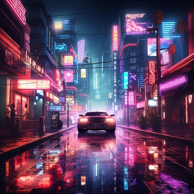 Zdjęcie neo tokio gra samochodowa synthwave neonowy samochód blade runner cyberpunk tło