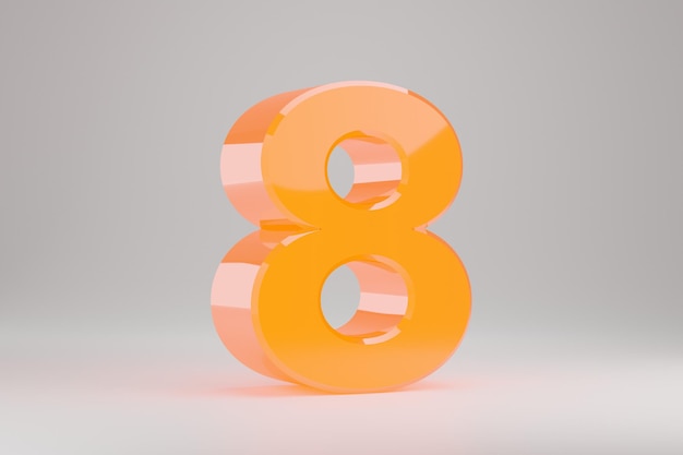 Neon 3d numer 8. Żółty neon numer na białym tle. Błyszczący żółty neon świecący alfabet. 3D renderowany znak czcionki.