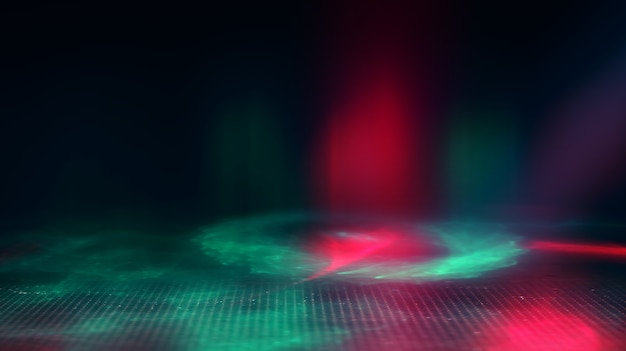 Neon abstrakcyjne promienie świetlne na ciemnym tle. Efekt świetlny, pokaz laserowy, odbicie powierzchniowe. Promieniowanie ultrafioletowe, klub nocny.