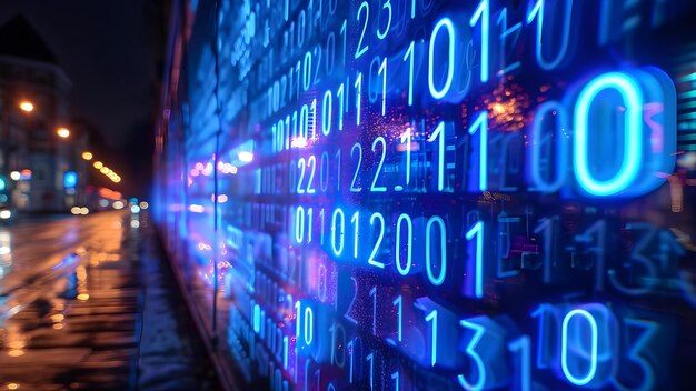 Neon Blue Binary Code Signboard Symbolizing Computer Programming and Big Data Concept Neon Signboard Binary Code Computer Programming Big Data Symbolism (Neon niebieski znak binarny symbolizujący programowanie komputerowe i duże dane)