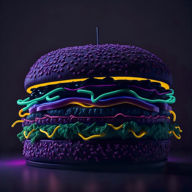 Neon burger z bliska na drodze nocne miasto neonowe AI generowane