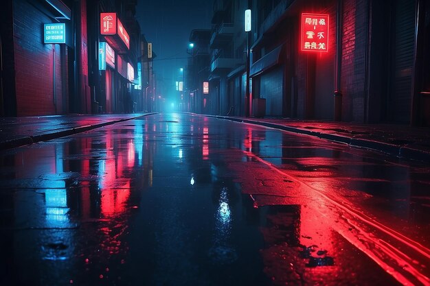 Neon City Vibes Dark Street z czerwonym światłem laserowym w abstrakcyjnym niebieskim noirze