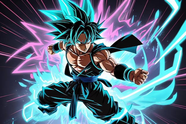 Neon cyan kontur i czarne pełne ciało Goku super syain goku ultra instynkt w wpap pop art stylu