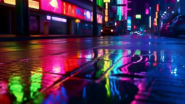 Neon czerwony neon zielony niebieski neon fioletowy kolor neonu w nocy odbijający się na ulicy