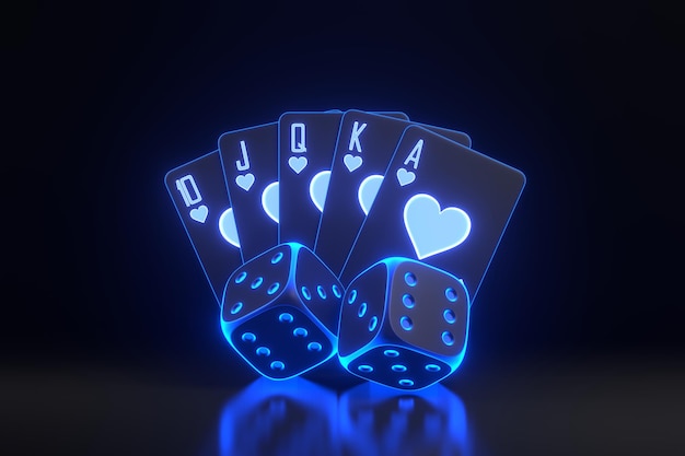 Neon Glow Royal Flush i kości Ciemne tło ilustracja renderingu 3D