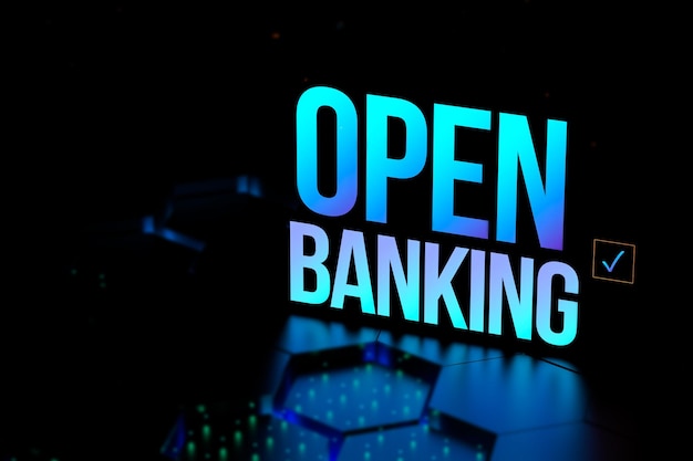 Neon koncepcji otwartej bankowości z rozmytym tłem Wykorzystanie otwartego interfejsu API w sektorze finansowym Ilustracja renderowania 3D