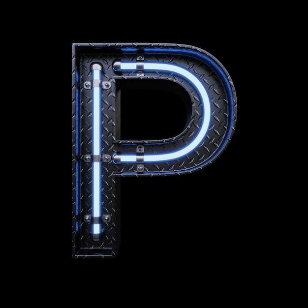 Zdjęcie neon light letter p z niebieskimi neonami.