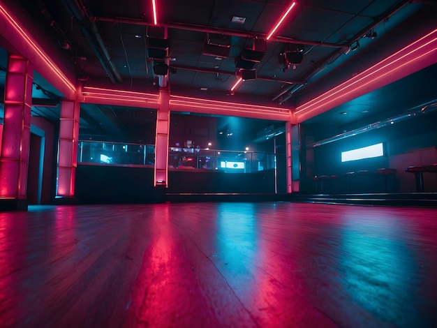 Neon Lit Empty Nightclub z parkietem tanecznym Pusty klub nocny z żywymi neonowymi światłami