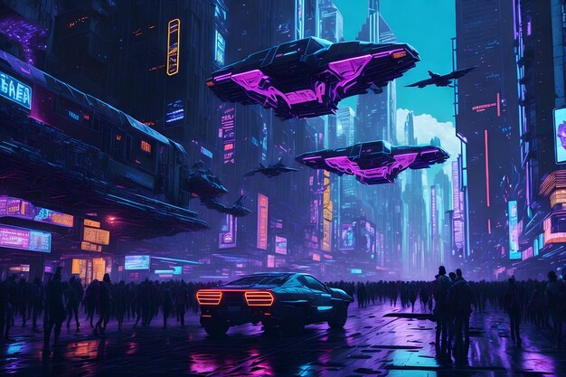 Zdjęcie neon metropolis hiperrealistyczna cyberpunk panorama