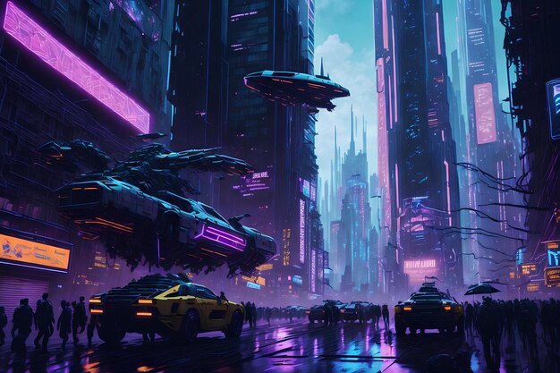 Zdjęcie neon metropolis hiperrealistyczna cyberpunk panorama