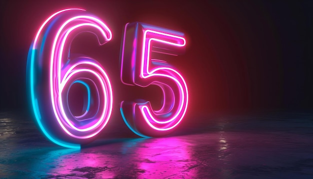 Neon numer 65 na mokrej miejskiej podłodze 3D renderowanie świecących cyfr Numerologia odliczanie