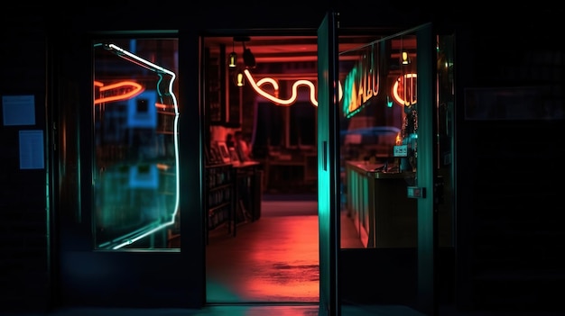Neon otwarty na szklanych drzwiach sklepu lub kawiarni Generative Ai