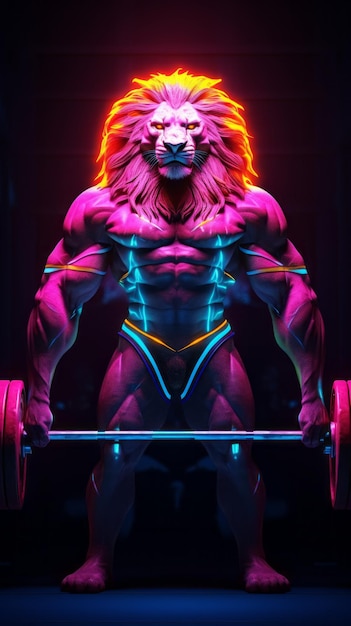 Zdjęcie neon power bodybuilder lion z ciężkimi ciężarami