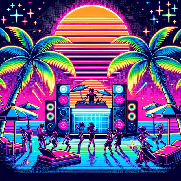 Neon Retro Beach Party z żywą ilustracją zachodu słońca