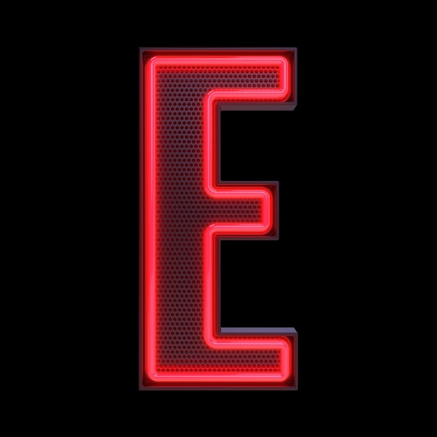 Neon retro lekki alfabet litera E na białym tle na czarnym tle z ilustracją 3d ścieżki przycinającej