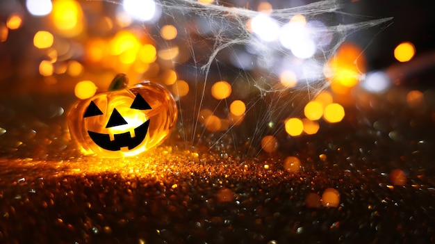 Neon świecące Głowy Dyni Na Streszczenie Niewyraźne Tło Bokeh. świąteczny Tło Halloween Z Pajęczynami I Dynią.