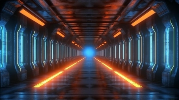 Neon Świecące Niebieski Pomarańczowy Cyber Retro Sci Fi Futurystyczny Beton Błyszczący Grunge Tunel