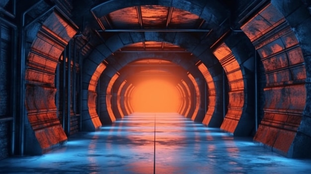 Neon Świecące Niebieski Pomarańczowy Cyber Retro Sci Fi Futurystyczny Beton Błyszczący Grunge Tunel