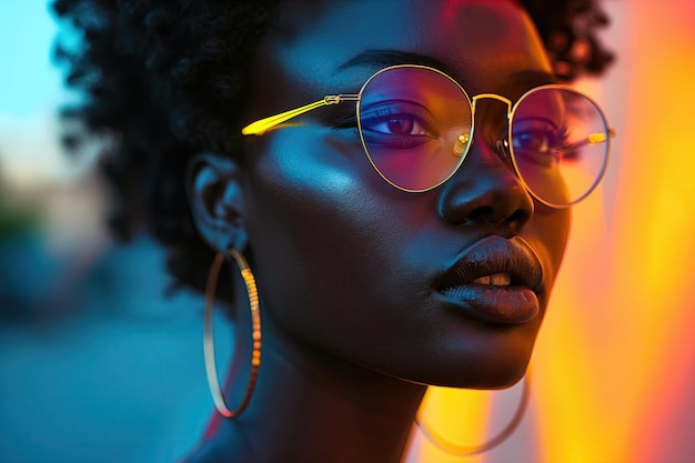 Neon świeci na stylowej kobiecie z okularami