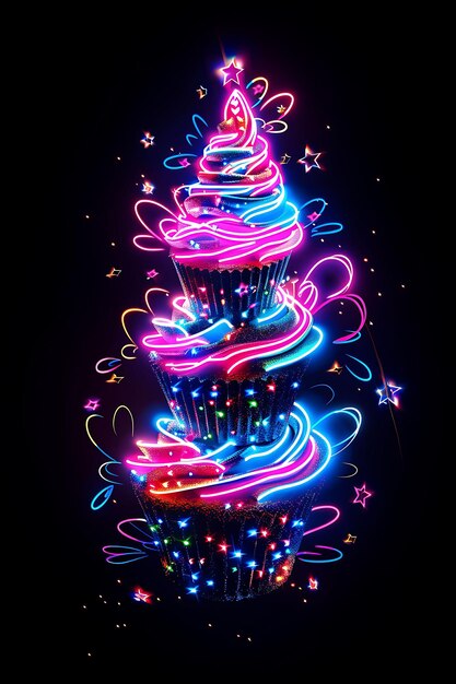 Neon świetliste oświetlone cupcakes wirujące i wirujące cupcakes Y2K Collage Glow Outline Design