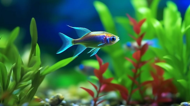 Neon tetra w roślinie akwariowej w tle Generative AI